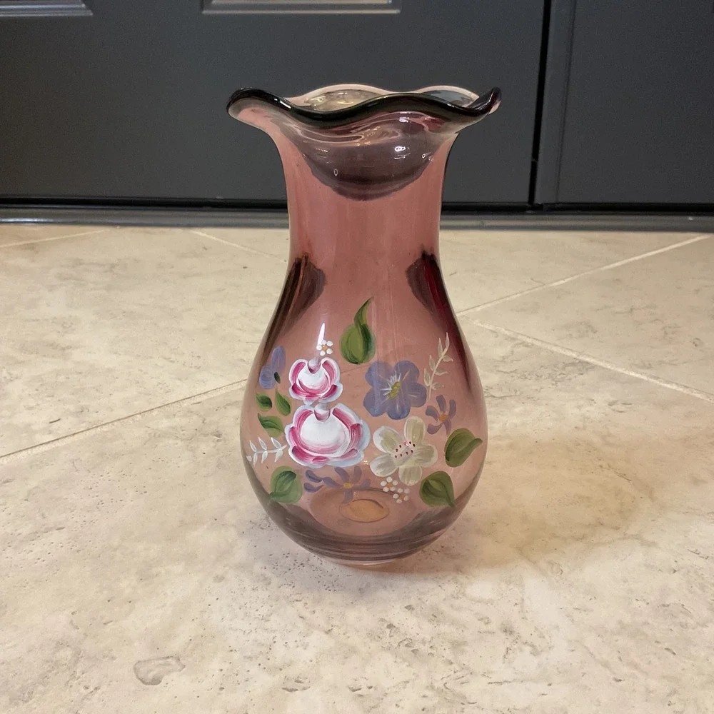 Teleflora Fenton Amethyst Purple Glass Vase Hand Painted Floral Ruffled Rim